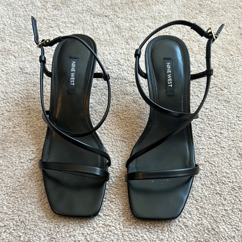 Nine West Black Strappy Square-Toe Sandal Heels